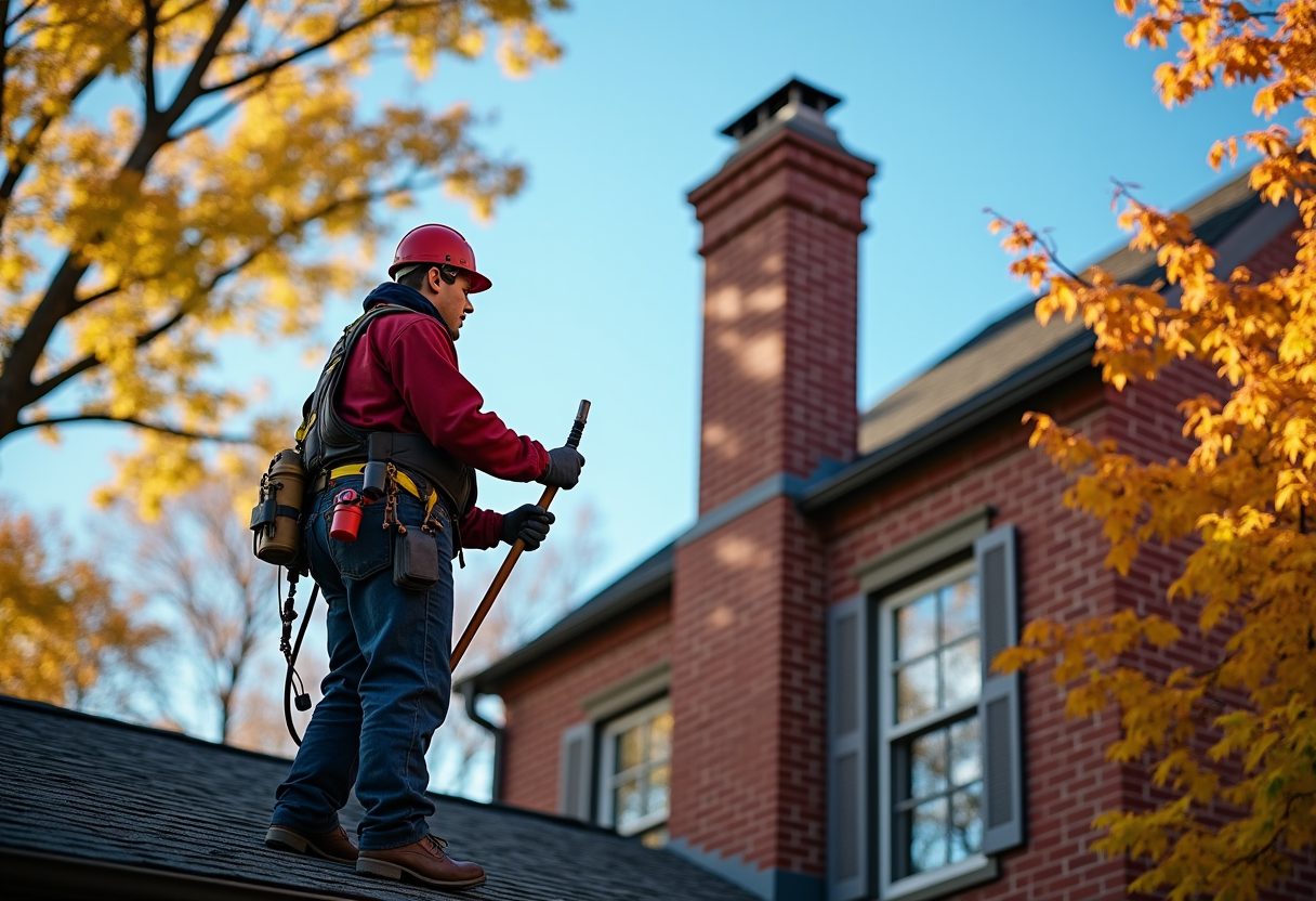 Chimney sweep on the roof of a brick colonial home — Bethesda