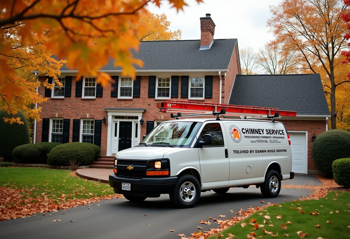 Chimney service van in a colonial home driveway — Bethesda